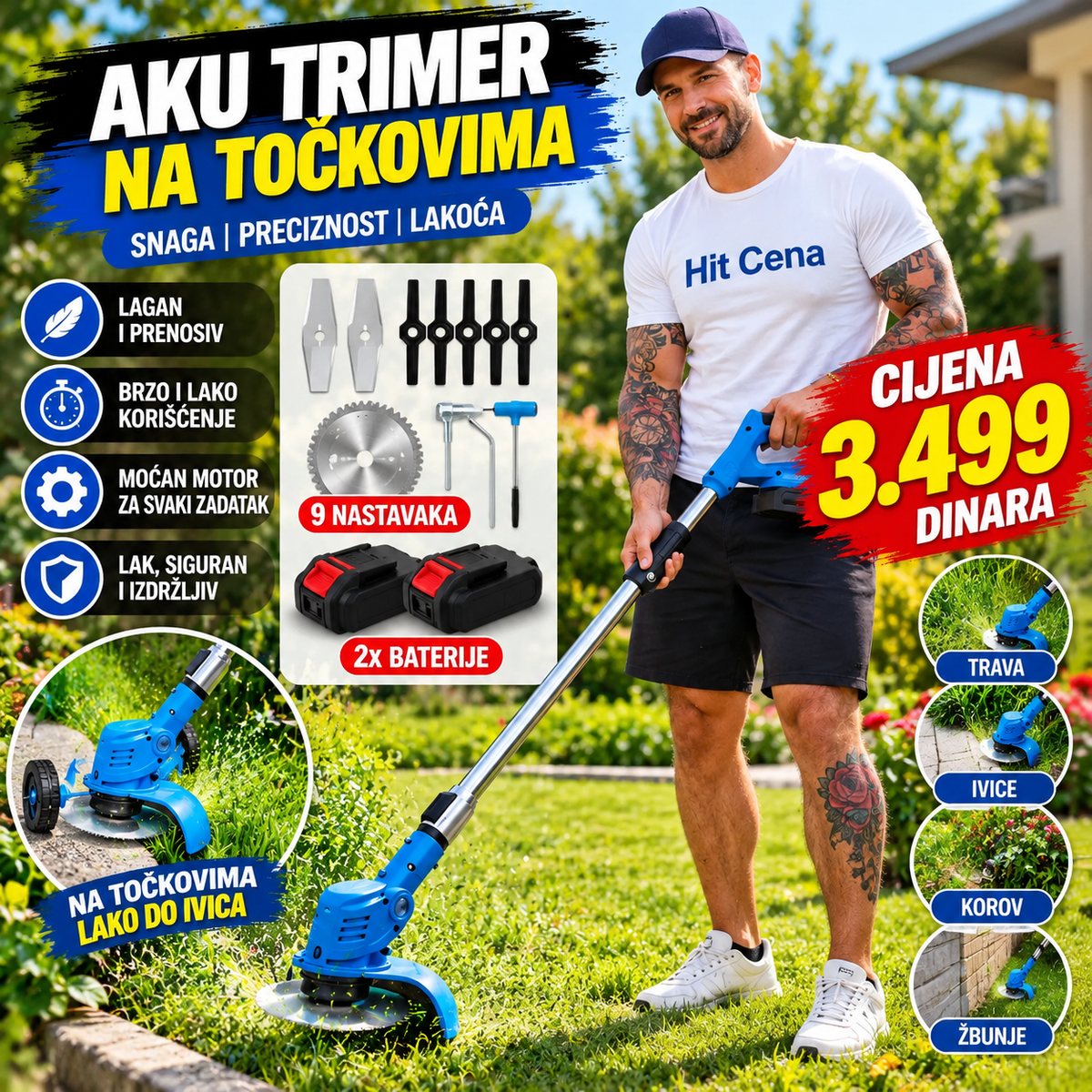 Aku Trimer za Travu sa točkovima + 2 Baterije