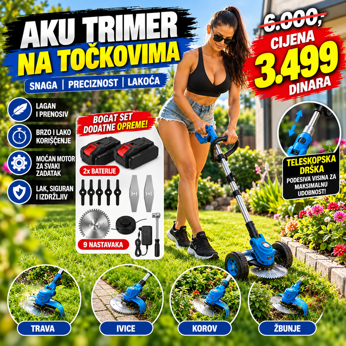 Aku Trimer za Travu sa točkovima + 2 Baterije