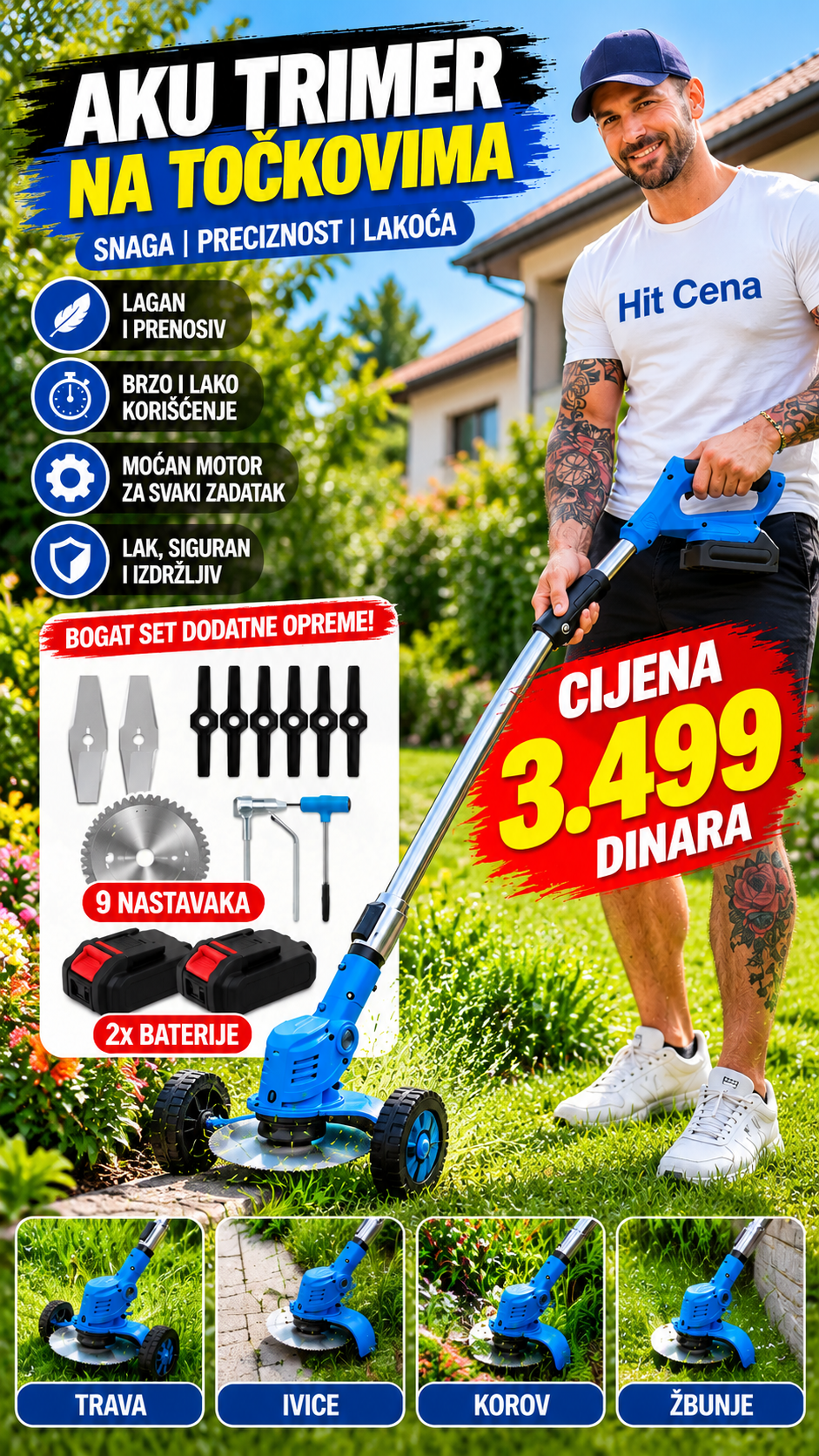 Aku Trimer za Travu sa točkovima + 2 Baterije